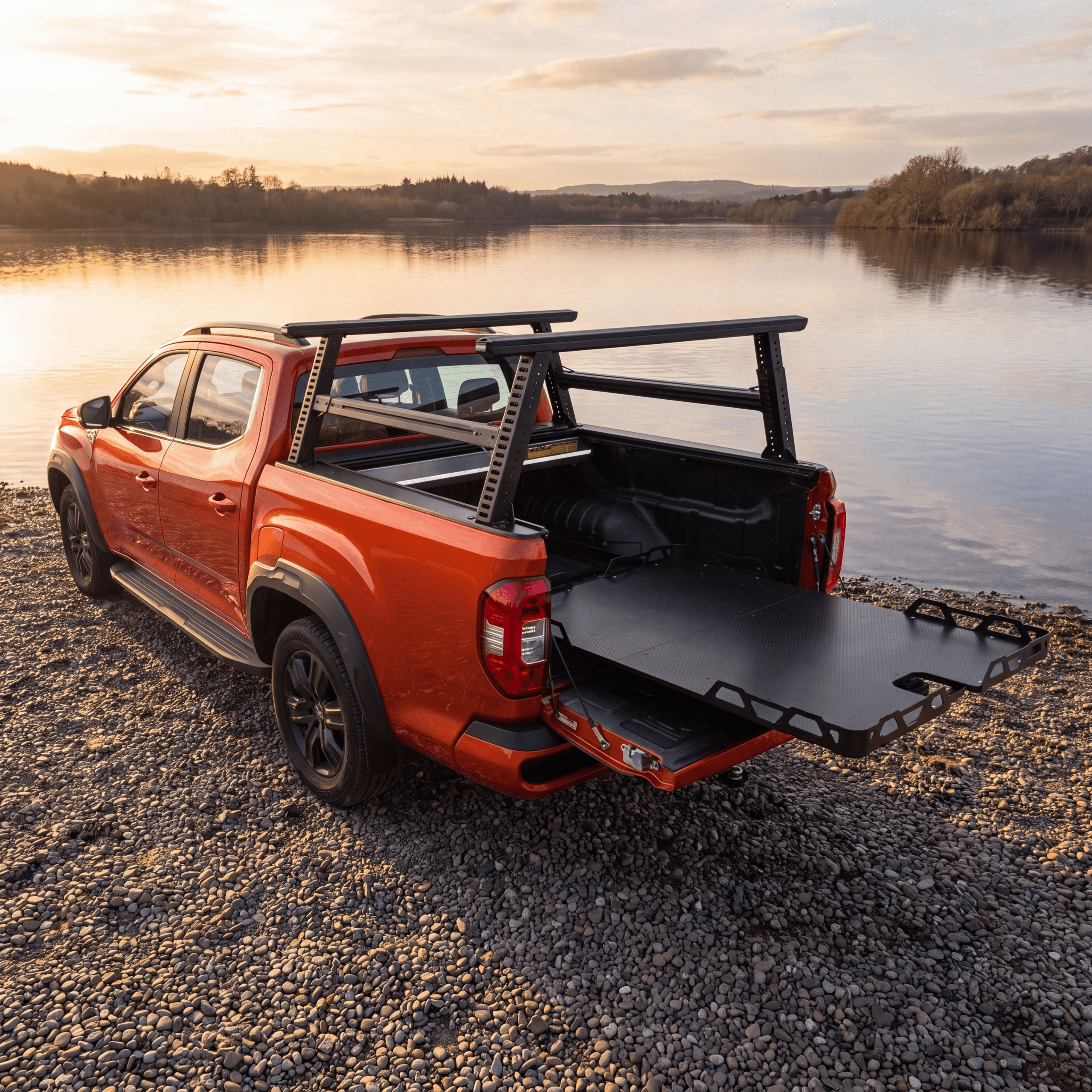 Universal Load Slide: Australian-made HSP dual cab ute tray slide fully extended at a lakeside campsite