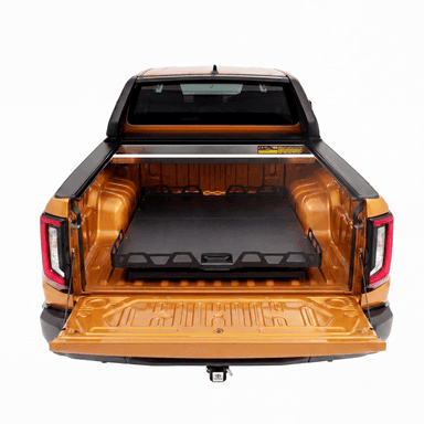 Universal Load Slide: Australian-made HSP dual cab ute tray slide fitted in the tub under a roller cover, rear view