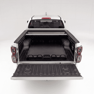 Universal Load Slide: Australian-made HSP dual cab ute tray slide retracted in the tub with roller cover compatibility