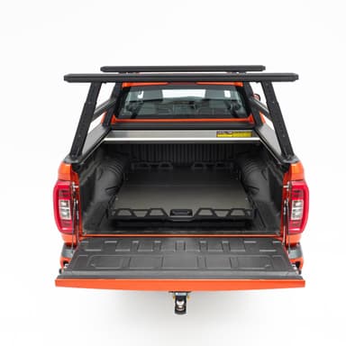 Universal Load Slide: Australian-made HSP dual cab ute tray slide retracted in the tub with side rails and handle, rear view